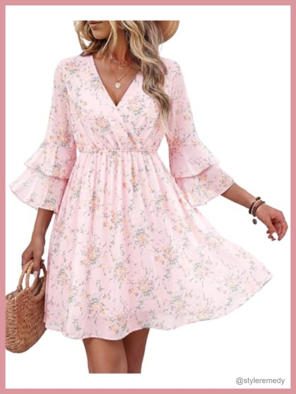 Womens 3/4 Ruffle Sleeve V Neck Flowy Chiffon Layered Casual Dress